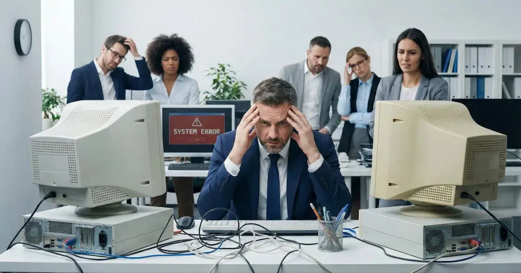 5 Tech Mistakes Costing Your Virginia Business Money and How to Fix ThemBlog Office workers dealing with tech mistakes and system errors in a Virginia business